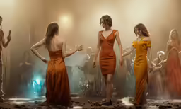 a group of women in orange dresses stand on stage