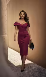 a woman in a red dress is walking in the sun