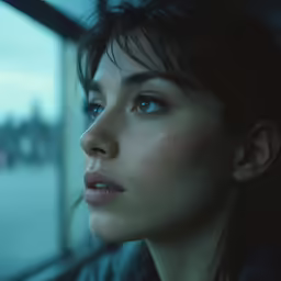 the young woman looks out a window as the train passes