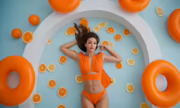 a woman laying on the ground with an orange and white wall