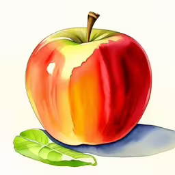 a watercolor drawing of a red apple with leaves,an apple on the ground, resting atop a leaf