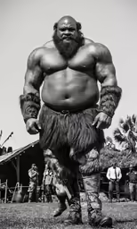 a large man with a long beard standing on top of grass