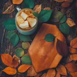 a cup of coffee sits on top of a cutting board