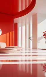 red room with white wall, a floor that is reflecting light and a vase with flowers