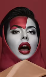 a woman with her face painted like a cat and wearing a red cloth
