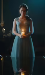 a woman in a blue gown holding a lit candle