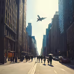 a plane flies over a city street with lots of people