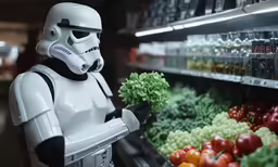 a stormtrooper trooper holds up some veggies