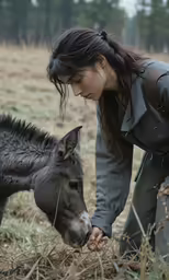 a woman feeds the young baby pony something out of her hand
