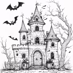a halloween castle with bats, and a full moon above it