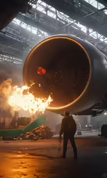 an airplane being worked on by a worker and another with a large piece of machinery