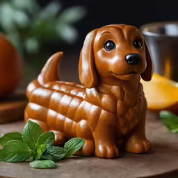 a wooden dachshund toy sits on a cutting board