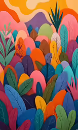 a painting of leaves against an orange and pink background