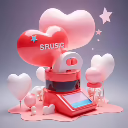 a heart shaped machine and some balloons are flying in the air