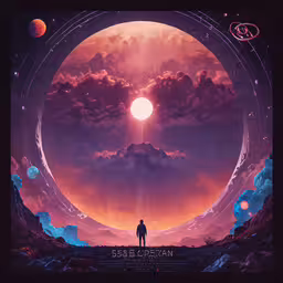 the man stands on top of a mountain looking at an object,an animation movie poster featuring a man standing at the end of a moon circle with the sun in the background