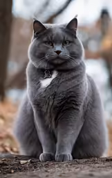 a gray cat sitting and looking at the camera