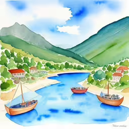 /tmp/FOOYIooTi.jpg = three boats floating in a lake and two buildings sitting at the shore
,/tmp/FOOYIooTi.jpg = a drawing of boats on the river with buildings and mountains in the background
,/tmp/FOOYIooTi.jpg = watercolor illustration of boats on the shore of a lake with mountains in the background
,/tmp/FOOYIooTi.jpg = there are some boats on a river with a mountain behind them
,/tmp/FOOYIooTi.jpg = watercolor painting of boats on a river near mountain range
,/tmp/FOOYIooTi.jpg = a painting of boats floating on the water
,/tmp/FOOYIooTi.jpg = a watercolor drawing of three boats floating in a harbor
