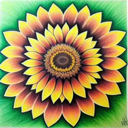 a painting of a flower on a green background,a sunflower on a green, yellow and orange background