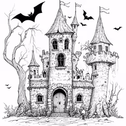 a halloween castle with bats and moon