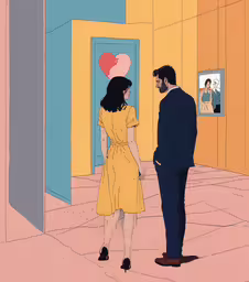 two people looking at each other in the same room,a man and a woman are standing in a room