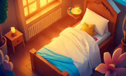 a bedroom with an animated looking bed and nightstands