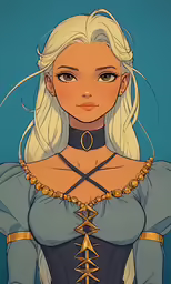 the blond princess is wearing an elaborate necklace
