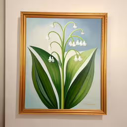 an oil painting of flowers and birds hanging on the wall,some white flowers on a blue and yellow painting,the flower painting on the wall is beautiful,the painting is in gold frame and it has green leaves,a picture hanging on a wall with some artwork
