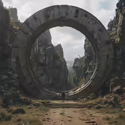 an arch surrounded by rocks and greenery in the middle of a rocky landscape