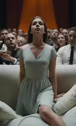 the woman sits on the couch in front of a group of men