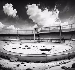 a black and white photo of a stadium,a broken volleyball court with an overhang