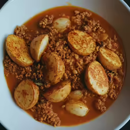 a bowl of food, that includes meat and beans