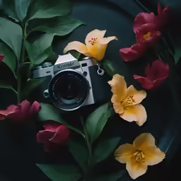 an old camera and some flowers sitting on a plate