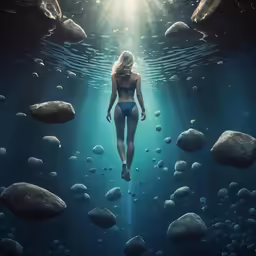 the woman is in a swimming suit and surrounded by rocks