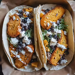 two tacos filled with beans, black beans and cheese