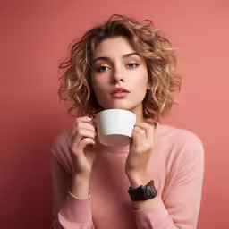 a beautiful woman holding up a cup