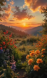 the sun is rising over a forest of flowers