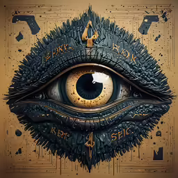 a close up view of an eye with gold, green and black decorations on it