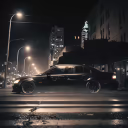 a black limousine driving down a street next to tall buildings