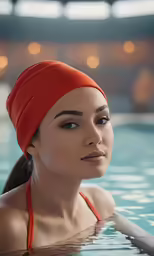 a woman in the pool wearing an orange bathing cap