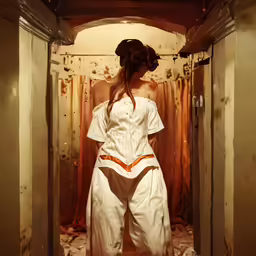 a beautiful woman standing in an open doorway