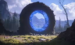 a futuristic video game with trees and grass in the background