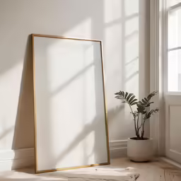 a plant in a corner of a room near a gold framed mirror