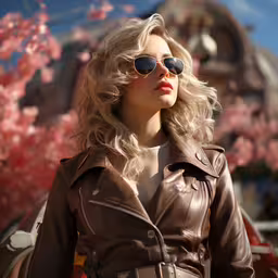 a blond woman in brown leather jacket and sunglasses,a blonde female with sunglasses, a coat and red lips