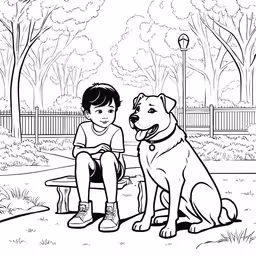 two children and a dog sitting in the grass near a park bench