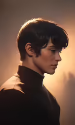 a man with black hair standing in front of a light