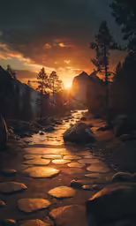 a path going through a forest at sunset