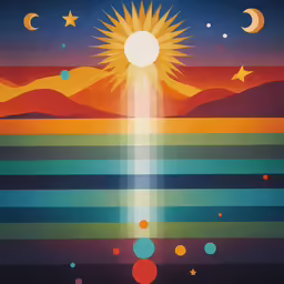 a painting with a bright sun shining into the sky