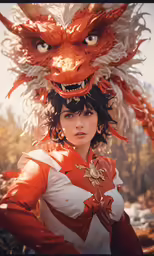 a woman in red and white with a dragon head