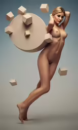 nude woman holding up a giant round object