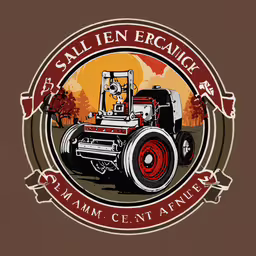 a tractor with an orange sky in the background,an emblem featuring an old tractor